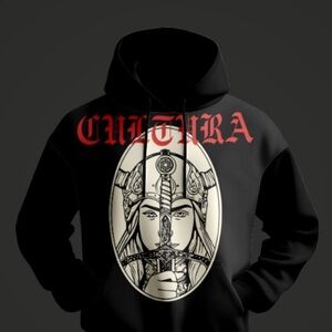 Black Hoodie with Red and White Graphic. Cultura warrior